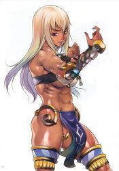 Rule 34 | 1girl, abs, absurdres, anarista, bracer, breasts, dark-skinned female, dark skin, f.s., female focus, highres, jewelry, large breasts, lips, long hair, looking down, muscular, muscular female, official art, purple eyes, queen&#039;s blade, red nose, scan, simple background, solo, thighlet, white background, white hair