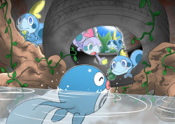 Rule 34 | alternate color, berry (pokemon), blue eyes, closed mouth, commentary request, creatures (company), day, game freak, gen 1 pokemon, gen 8 pokemon, happy, mouth hold, nintendo, plant, pokemon, pokemon (creature), poliwag, shiny and normal, shiny pokemon, sky, smile, sobble, swimming, takigawa geenito, tire, vines, water, wavy mouth