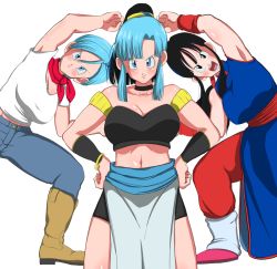 Rule 34 | 2girls, angry, bare shoulders, black eyes, black hair, blue eyes, blue hair, blush, boots, breasts, bulma, chi-chi (dragon ball), china dress, chinese clothes, choker, cleavage, denim, dragon ball, dragon ball super, dress, feet, female focus, fusion, groin, hair bun, hands on own hips, hazama null, jeans, large breasts, legs, legs apart, long hair, looking at viewer, midriff, multicolored hair, multiple girls, navel, open mouth, pants, pelvic curtain, red scarf, scarf, shirt, short hair, simple background, single hair bun, smile, standing, strapless, thighs, tube top, two-tone hair, v-shaped eyebrows, white background, white shirt