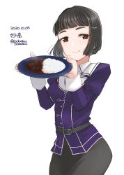 Rule 34 | 1girl, alternate hair length, alternate hairstyle, black hair, black skirt, bobokuboboku, braid, braided bun, brown eyes, character name, commentary request, cowboy shot, curry, curry rice, dated, food, hair bun, highres, kantai collection, looking at viewer, military, military uniform, myoukou (kancolle), myoukou kai ni (kancolle), one-hour drawing challenge, pencil skirt, plate, rice, short hair, simple background, single hair bun, skirt, solo, twitter username, uniform, white background