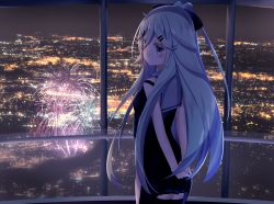 Rule 34 | 10s, 1girl, arms behind back, black thighhighs, blush, cityscape, commentary request, cowboy shot, crying, crying with eyes open, fireworks, from behind, green hair, hair ornament, hairclip, highres, kantai collection, lauryl, long hair, looking back, night, sailor collar, sleeveless, smile, solo, standing, tears, thighhighs, yamakaze (kancolle), zettai ryouiki