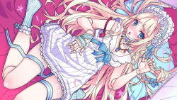 Rule 34 | 1girl, artist request, bisque (monster musume), blonde hair, blue eyes, blue footwear, blush, bra, bra strap, doll joints, dress, frilled dress, frills, game cg, hairband, joints, lolita fashion, lolita hairband, long hair, looking at viewer, lying, monster musume no iru nichijou, monster musume no iru nichijou online, official art, on back, open mouth, pink bra, socks, solo, striped clothes, striped legwear, striped socks, underwear, vertical-striped clothes, vertical-striped socks, very long hair, white dress
