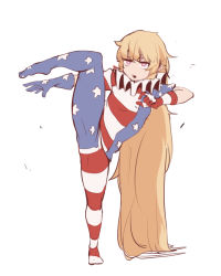 Rule 34 | 1girl, american flag dress, american flag gloves, american flag legwear, american flag print, bad id, bad pixiv id, clownpiece, full body, gloves, highres, kicking, leg up, long hair, looking at viewer, open mouth, pantyhose, print gloves, red eyes, solo, soya6479, touhou, very long hair