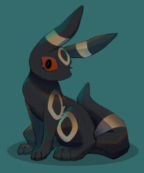 Rule 34 | animal, animal focus, black eyes, black fur, colored sclera, creatures (company), game freak, gen 2 pokemon, green background, mekkyaru824, nintendo, no humans, pokemon, pokemon (creature), red sclera, sitting, solo, two-tone fur, umbreon, yellow fur