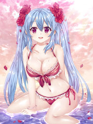 Rule 34 | 1girl, arm support, bad id, bad pixiv id, bikini, blanket (artist), blanket (kkbjah), blue hair, blush, bracelet, breasts, cleavage, collarbone, female focus, flower, frilled bikini, frills, front-tie top, hair flower, hair ornament, highres, jewelry, large breasts, long hair, looking at viewer, luthica preventer, navel, open mouth, partially submerged, purple eyes, red bikini, red eyes, shiny skin, side-tie bikini bottom, sidelocks, sitting, skindentation, sky, smile, solo, swimsuit, sword girls, twintails, wariza, water