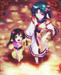 Rule 34 | 2girls, ainu clothes, animal ears, aquaplus, basket, black hair, boots, branch, breasts, brown eyes, closed mouth, dress, eruruu, family, from above, hair ornament, holding, holding basket, holding hands, kuon (utawarerumono), leaves, long hair, looking at another, looking to the side, looking up, mother and daughter, multiple girls, open mouth, orange eyes, outdoors, small breasts, smile, stick, tail, utawarerumono, utawarerumono: itsuwari no kamen