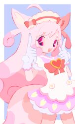 Rule 34 | 1girl, :3, :d, absurdres, ahoge, animal ears, blush, bow, commentary request, cowboy shot, delicious party precure, dress, fox ears, fox girl, fox tail, frilled hairband, frills, gloves, hair bow, hairband, hands up, heart, highres, index fingers raised, kome-kome (precure), kome-kome (precure) (human), long hair, looking at viewer, noniha, open mouth, pink eyes, pink hair, precure, red bow, smile, solo, standing, tail, two side up, very long hair, white dress, white gloves