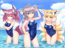 Rule 34 | 3girls, animal ears, arknights, breasts, female focus, fox ears, fox girl, fox tail, highres, multiple girls, open mouth, rylaera, school swimsuit, shamare (arknights), small breasts, sussurro (arknights), sussurro (summer flower) (arknights), suzuran (arknights), swimsuit, tail, variant set