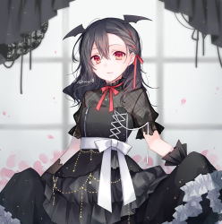 Rule 34 | 1girl, black dress, black hair, black wings, blurry, blurry background, bow, closed mouth, commentary request, curtains, depth of field, dress, frilled dress, frills, hair between eyes, head wings, highres, kuroi (liar-player), long hair, looking at viewer, original, petals, puffy short sleeves, puffy sleeves, red bow, red eyes, see-through, short sleeves, smile, solo, twitter username, white bow, window, wings