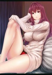 Rule 34 | 1girl, absurdres, bare legs, barefoot, bed, bed sheet, bra, breasts, closed mouth, covered erect nipples, curtains, dress, eyelashes, fate/grand order, fate (series), grey sweater, hair between eyes, half-closed eyes, hand on own head, hand on own knee, head rest, highres, huge filesize, indoors, knee up, lace, lace-trimmed bra, lace-trimmed panties, lace trim, large breasts, legs, letterboxed, lips, long hair, long sleeves, looking at viewer, on bed, panties, pantyshot, pink lips, purple hair, red eyes, ribbed sweater, scan, scathach (fate), sitting, solo, sweater, sweater dress, turtleneck, turtleneck sweater, underwear, zucchini