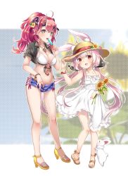 Rule 34 | + +, 2girls, ahoge, animal, animal ear fluff, animal ears, arm up, bikini, bikini under clothes, black shirt, blue shorts, breasts, brown eyes, cleavage, collarbone, collared shirt, commentary request, crop top, crossover, demon horns, dress, eyewear hang, unworn eyewear, fang, flower, food, front-tie top, hair between eyes, hair ornament, hairclip, hand on headwear, hat, heart, heart-shaped eyewear, high heels, highleg, highleg bikini, highres, holding, holding food, horns, hugging own legs, legs, long hair, low twintails, magrona, magrona channel, mashiro aa, medium breasts, micro shorts, multiple girls, open clothes, open fly, open mouth, open shorts, pink hair, ponytail, popsicle, rabbit, rabbit ears, red-framed eyewear, red eyes, red hair, revision, ribbon, sandals, shirt, shorts, smile, sun hat, sundress, sunflower, swimsuit, tied shirt, toes, tomari mari, tomari mari channel, twintails, very long hair, virtual youtuber, white bikini, white dress, wind, wind lift, yellow footwear