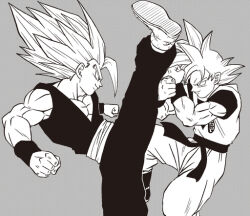 2boys blocking dragon_ball dragon_ball_super gohan_beast happy kicking multiple_boys muscular muscular_male official_art smile son_gohan son_goku sparring tagme toyotarou ultra_instinct white_hair