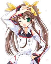 Rule 34 | 10s, 1girl, ;d, altivr, arm up, blush, brown hair, fang, green eyes, hair ribbon, hand on own hip, highres, huang lingyin, infinite stratos, kanzaki sora, long hair, one eye closed, open mouth, petals, ribbon, school uniform, smile, solo, twintails, upper body, v, wink
