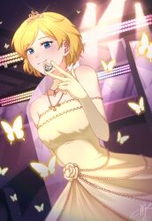 Rule 34 | 1girl, bare shoulders, blonde hair, blue eyes, breasts, bug, butterfly, closed mouth, commentary request, diadem, dress, elbow gloves, flower, gloves, hand up, highres, holding, indoors, insect, jewelry, looking at viewer, medium breasts, meng (prism shining), necklace, pretty rhythm, pretty rhythm aurora dream, pretty series, rose, short hair, signature, smile, solo, stage, stage lights, strapless, strapless dress, takamine mion, yellow dress, yellow flower, yellow gloves, yellow rose