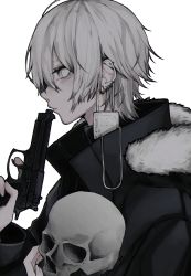 Rule 34 | 1boy, 402 (o0 xxx), absurdres, black theme, crazy, ear piercing, earrings, grey eyes, gun, highres, jewelry, looking to the side, male focus, mask, original, pale skin, piercing, skull, solo, weapon, white hair, white theme