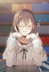 Rule 34 | 1girl, ahoge, airpods, berry, black choker, book, book stack, brown hair, brown hoodie, choker, closed eyes, earrings, food-themed earrings, glasses, head rest, hololive, hololive english, hood, hoodie, jewelry, layered sleeves, library, light rays, long hair, mads ez, multicolored hair, musical note, nanashi mumei, nanashi mumei (casual), necklace, official alternate costume, oversized clothes, red shirt, round eyewear, runes, shirt, sleeves past wrists, streaked hair, sweater, table, teeth, upper teeth only, virtual youtuber, white sweater, wireless earphones