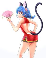 Rule 34 | 1girl, :d, animal ear fluff, animal ears, backless dress, backless outfit, blue hair, boh stick, bracelet, braid, breasts, butt crack, cat ears, cat tail, dress, flower, from behind, hair flower, hair ornament, hairpin, hand fan, hand on own hip, highres, holding, holding fan, jewelry, leaning forward, long hair, looking back, low twintails, open mouth, pink flower, pink ribbon, pointy ears, precure, profile, red dress, ribbon, short dress, shoulder blades, sideboob, simple background, sleeveless, sleeveless dress, small breasts, smile, solo, standing, star twinkle precure, tail, twin braids, twintails, white background, yellow eyes, yuni (precure)