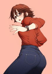 Rule 34 | 1girl, ass, blush, breasts, brown eyes, brown hair, collared shirt, denim, glasses, highres, jeans, jewelry, long sleeves, looking at viewer, looking back, mole, mole under eye, open mouth, original, pants, pocket, red background, red shirt, ring, sakaki fff, shirt, shirt tucked in, short hair, simple background, sleeves rolled up, solo, tight clothes, tight pants, watch, wedding ring, wristwatch