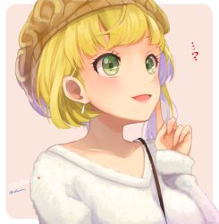 Rule 34 | ..., 10s, 1girl, :d, ?, akame (akamiru), bad id, bad pixiv id, beret, between breasts, blonde hair, blush, breasts, brown hat, character name, earrings, finger to cheek, fur trim, green eyes, hat, idolmaster, idolmaster cinderella girls, index finger raised, jewelry, long sleeves, looking at viewer, miyamoto frederica, open mouth, over shoulder, smile, solo, sweater, tareme, upper body