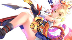 Rule 34 | 1girl, absurdres, aiming, arm tattoo, arrow (projectile), asymmetrical legwear, bandaged arm, bandages, black gloves, blonde hair, bow (weapon), closed mouth, commentary request, fingerless gloves, genshin impact, gloves, highres, japanese clothes, kimono, kneehighs, mixed-language commentary, orange kimono, sarashi, short hair, simple background, single fingerless glove, single kneehigh, single sock, single thighhigh, smile, socks, solo, sysen, tattoo, thighhighs, uneven legwear, weapon, white background, yellow eyes, yoimiya (genshin impact)