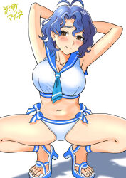 Rule 34 | 1girl, antenna hair, aramaki keiji, armpits, arms behind head, artist name, bikini, blue hair, blue neckerchief, blue sailor collar, blush, breasts, brown eyes, cleavage, closed mouth, collarbone, dot nose, forehead, furrowed brow, highres, idolmaster, idolmaster million live!, idolmaster million live! theater days, large breasts, light smile, looking at viewer, navel, neckerchief, sailor bikini, sailor collar, sailor swimsuit (idolmaster), sandals, shadow, short hair, side-tie bikini bottom, simple background, solo, spread legs, squatting, swimsuit, thighs, toyokawa fuka, wavy hair, white background, white bikini