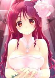 Rule 34 | 1girl, absurdres, amazuyu tatsuki, blush, bouquet, breasts, brown eyes, choker, cleavage, flower, hair flower, hair ornament, head tilt, highres, holding, holding bouquet, jewelry, kousaka tamaki, large breasts, long hair, looking at viewer, red hair, ring, smile, solo, strapless, to heart, to heart (series), to heart 2, twintails, upper body, very long hair, wedding ring, white flower, wrist cuffs