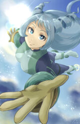 Rule 34 | 1girl, absurdres, blue bodysuit, blue eyes, blue hair, bodysuit, boku no hero academia, closed mouth, cloud, day, drill hair, energy, fengling (furin-jp), flying, gloves, green bodysuit, hadou nejire, highres, long hair, looking at viewer, multicolored bodysuit, multicolored clothes, outdoors, outstretched arm, skin tight, smile, solo, sun, superhero costume, twin drills, very long hair, yellow gloves