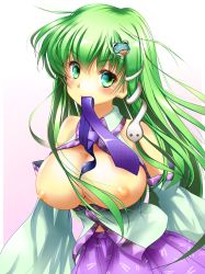 Rule 34 | 1girl, bad id, bad pixiv id, blush, breasts, detached sleeves, female focus, frog hair ornament, gradient background, green eyes, green hair, hair ornament, highres, kochiya sanae, large breasts, long hair, matching hair/eyes, mouth hold, necktie, nipples, open clothes, open shirt, shirt, smile, snake hair ornament, solo, soraneko (192355), touhou