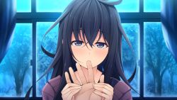 Rule 34 | 1girl, akabei soft, black hair, blue eyes, blush, curtains, finger to mouth, forest, game cg, highres, long hair, looking at viewer, nature, naughty face, nibutani kako, night, saliva, sexually suggestive, solo focus, sorairo innocent, standing, tree, unasaka ryou, upper body, window