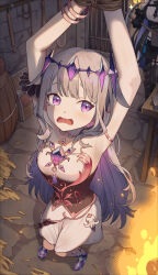 Rule 34 | 2girls, absurdres, armpits, arms up, barrel, black gloves, bound, bracelet, chest jewel, dress, gloves, grey hair, highres, hololive, hololive english, jewelry, koseki bijou, koseki bijou (1st costume), long hair, multiple girls, nerissa ravencroft, nerissa ravencroft (1st costume), orenji (user fknw7775), pickaxe, prison cell, purple eyes, restrained, rope, shovel, strapless, strapless dress, straw (stalk), table, tearing up, tied up (nonsexual), torch, virtual youtuber, wavy mouth, white dress