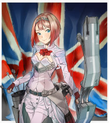 Rule 34 | 1girl, absurdres, ark royal (kancolle), blue eyes, blunt bangs, bob cut, bow (weapon), cleavage cutout, clothing cutout, compound bow, cowboy shot, fingerless gloves, flight deck, gloves, gom (kooskoo), hairband, highres, kantai collection, long sleeves, overskirt, pantyhose, quiver, red hair, red ribbon, ribbon, short hair, shorts, solo, tiara, union jack, weapon, white pantyhose, white shorts