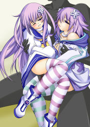 Rule 34 | 10s, 1boy, 2girls, absurdres, bisexual female, blood, blue eyes, blush, choker, d-pad, faceless, faceless male, grabbing, grabbing another&#039;s breast, groping, hair ornament, hand on another&#039;s chest, highres, multiple girls, nepgear, neptune (neptunia), neptune (series), nipple stimulation, nipple tweak, one eye closed, open mouth, penis, purple eyes, purple hair, sacifer, short hair, siblings, sitting, striped clothes, striped legwear, striped thighhighs, tears, thighhighs, wince