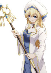 Rule 34 | 1girl, absurdres, blonde hair, blue eyes, closed mouth, commentary request, goblin slayer!, highres, holding, holding staff, long hair, looking at viewer, multicolored clothes, multicolored headwear, nishizuki shino, priestess, priestess (goblin slayer!), robe, simple background, smile, solo, staff, white background, white robe