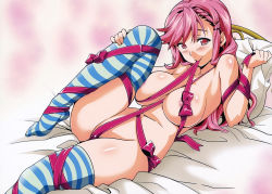 Rule 34 | 1girl, absurdres, bed sheet, blush, breasts, celia ootsuka, entangled, hair ornament, hairclip, heart, heart-shaped pupils, highres, large breasts, legs folded, long hair, maken-ki!, mouth hold, naked ribbon, pillow, pink eyes, pink hair, ribbon, smile, solo, striped clothes, striped thighhighs, symbol-shaped pupils, takeda hiromitsu, thighhighs