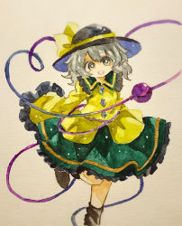 Rule 34 | 1girl, bow, buttons, collar, frilled collar, frilled skirt, frilled sleeves, frills, glitter, green skirt, grey hair, hat, hat bow, key747h, komeiji koishi, leg up, looking at viewer, open mouth, painting (medium), paper texture, photo (medium), shirt, skirt, solo, standing, standing on one leg, third eye, touhou, traditional media, watercolor (medium), wide sleeves, yellow shirt