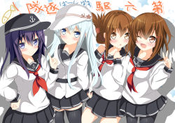 Rule 34 | 10s, 4girls, akatsuki (kancolle), aruka (alka p1), blue eyes, blue hair, blush, brown eyes, brown hair, fang, folded ponytail, hammer and sickle, hand on own hip, hat, hibiki (kancolle), highres, ikazuchi (kancolle), inazuma (kancolle), kantai collection, long hair, looking at viewer, multiple girls, neckerchief, one eye closed, open mouth, pantyhose, personification, red neckerchief, school uniform, serafuku, short hair, silver hair, skirt, smile, thighhighs, translation request, verniy (kancolle), wink