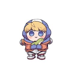 Rule 34 | 1girl, animification, apex legends, blonde hair, blue eyes, blue headwear, blush, bodysuit, chibi, full body, holding, holding stuffed toy, hood, hood down, hooded jacket, jacket, looking at viewer, nessie (respawn), nojima minami, open mouth, orange jacket, simple background, solo, straight-on, stuffed toy, wattson (apex legends), white background, white footwear