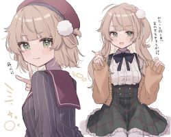 Rule 34 | 1girl, :d, ahoge, beret, black bow, black bowtie, bow, bowtie, braid, center frills, commentary request, crown braid, frills, green eyes, hair ornament, hat, highres, indie virtual youtuber, light brown hair, long hair, long sleeves, looking at viewer, multiple views, one side up, open mouth, pinstripe pattern, pinstripe shirt, pom pom (clothes), pom pom hair ornament, red sailor collar, roku 6, sailor collar, shigure ui (vtuber) (1st costume), shigure ui (vtuber) (casual), shigure ui (vtuber), shirt, short hair, simple background, skirt, sleeves past wrists, smile, striped, suspender skirt, suspenders, translation request, v, virtual youtuber, white background, white shirt