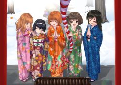 Rule 34 | 5girls, :d, absurdres, ahoge, akiyama yukari, animal print, asa no ha (pattern), bear print, black footwear, black hair, black kimono, blue kimono, blunt bangs, blurry, boko (girls und panzer), box, breath, brown eyes, brown hair, closed eyes, closed mouth, commentary request, day, depth of field, donation box, frown, furisode, girls und panzer, green kimono, hairband, hand fan, hands on another&#039;s shoulders, hatsumoude, highres, holding, holding fan, huge filesize, isuzu hana, japanese clothes, kimono, light frown, long hair, long sleeves, looking at another, messy hair, multiple girls, new year, nishizumi miho, obi, open mouth, orange eyes, orange hair, orange kimono, outdoors, own hands together, paper fan, partial commentary, pink kimono, praying, print kimono, red footwear, reizei mako, rope, rubbing eyes, sandals, sash, short hair, shrine, shrine bell, side-by-side, sleepy, smile, snow, snowman, standing, sunlight, tabi, takebe saori, toketa (toketa15), white hairband, white legwear, wide sleeves