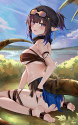 Rule 34 | 1girl, :d, arknights, arm strap, ass, bandaged foot, bandaged hand, bandages, bare shoulders, black hair, blue eyes, blush, breasts, chest sarashi, day, earrings, eunectes (arknights), from behind, goggles, goggles on head, gradient hair, heart, heart-shaped pupils, highres, jewelry, lake, large breasts, looking at viewer, looking back, multicolored hair, nail polish, on ground, open mouth, outdoors, pointy ears, purple hair, revealing clothes, ru zhai, sarashi, short hair, short ponytail, sidelocks, sitting, skindentation, smile, snake tail, soles, solo, sparkle, symbol-shaped pupils, tail, thigh strap, toes, torn clothes, underboob, wariza, water, yellow nails