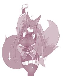 Rule 34 | 1girl, animal ear fluff, animal ears, breasts, closed eyes, commentary, ear piercing, facing viewer, fox ears, fox tail, hair between eyes, hair ornament, hairclip, hairpin, hand up, highres, huge breasts, japanese clothes, kimono, kiri (sub-res), large tail, long hair, monochrome, notched ear, obi, open mouth, original, piercing, sash, simple background, sketch, solo, sub-res, tail, tears, thighhighs, trembling, twintails, very long hair, white background