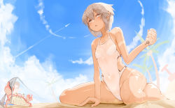 Rule 34 | 2girls, animal, blue sky, bottle, breasts, cloud, crab, day, genek, grey hair, highres, holding, holding bottle, multiple girls, one-piece swimsuit, open mouth, original, outdoors, palm tree, sitting, sky, small breasts, swimsuit, tan, tanline, tree, white one-piece swimsuit, yellow eyes