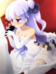 Rule 34 | 1girl, ahoge, azur lane, blush, breasts, censored, cleavage, collarbone, commander (azur lane), commentary request, detached sleeves, dress, fellatio, heavy breathing, highres, kneeling, konpeto, long hair, oral, out of frame, penis, purple eyes, ribbon, solo focus, thighhighs, unicorn (azur lane), white thighhighs