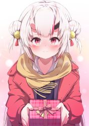 Rule 34 | 1girl, absurdres, bell, blush, box, coat, double bun, fumi (fumibeing), gift, gift box, giving, hair bell, hair bun, hair ornament, highres, hololive, horns, long hair, looking at viewer, multicolored hair, nakiri ayame, open clothes, open coat, red coat, red eyes, red hair, scarf, silver hair, skin-covered horns, smile, solo, tassel, valentine, virtual youtuber, yellow scarf