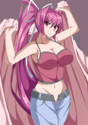 Rule 34 | 1girl, arms up, bare shoulders, breasts, camisole, capri pants, cleavage, hair intakes, highres, large breasts, long hair, navel, olly (ollycrescent), open fly, painttool sai (medium), pants, photoshop (medium), ponytail, purple hair, red camisole, red eyes, solo, under night in-birth, very long hair, yuzuriha (under night in-birth)