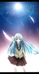 Rule 34 | 10s, 1girl, absurdres, ai 1003, angel beats!, bad id, bad pixiv id, blazer, feathers, female focus, full moon, gradient background, hand sonic, highres, jacket, letterboxed, long hair, moon, outdoors, pleated skirt, school uniform, silver hair, single wing, skirt, sky, socks, solo, tenshi (angel beats!), wings, yellow eyes