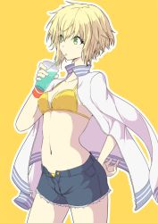 Rule 34 | 1girl, bikini, blonde hair, blush, breasts, cleavage, closed mouth, collarbone, cowboy shot, cup, drinking, drinking straw, green eyes, hair between eyes, hand on own hip, holding, holding cup, jacket, jacket on shoulders, navel, open clothes, open fly, open jacket, original, ryuga (balius), short hair, shorts, simple background, small breasts, solo, swimsuit, thighs, tomboy, track jacket, yellow background, yellow bikini