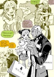 Rule 34 | 1boy, 2girls, :d, aged down, bag, braid, carrying, charlotte (jojo), commentary, cone hair bun, dark-skinned male, dark skin, double bun, dress, english commentary, english text, enrico pucci, flying sweatdrops, food, food on face, gucci, hair bun, hand puppet, holding, holding bag, holding food, holding ice cream, holding stuffed toy, ice cream, ice cream cone, jojo no kimyou na bouken, kid (kidocchi), kuujou jolyne, looking at another, mother and daughter, mrs. kuujou, multicolored hair, multiple girls, open mouth, priest, puppet, shopping bag, smile, speech bubble, stone ocean, stuffed toy, twin braids, two-tone hair