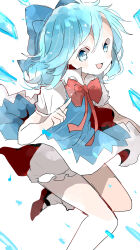 Rule 34 | 1girl, :d, absurdres, blue bow, blue dress, blue eyes, blue hair, bow, bowtie, cirno, commentary request, dress, hair between eyes, hair bow, highres, ice, ice wings, light blush, looking at viewer, open mouth, pointing, pointing up, puffy short sleeves, puffy sleeves, red bow, red bowtie, red footwear, short sleeves, simple background, smile, solo, touhou, white background, wings, xxxx saki
