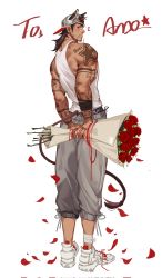 Rule 34 | 1boy, bara, bouquet, closed mouth, commentary, flower, from side, highres, jiecaoxiong, looking at viewer, male focus, mature male, muscular, muscular male, original, profile, sleeveless, smile, solo, tank top, tattoo, white tank top